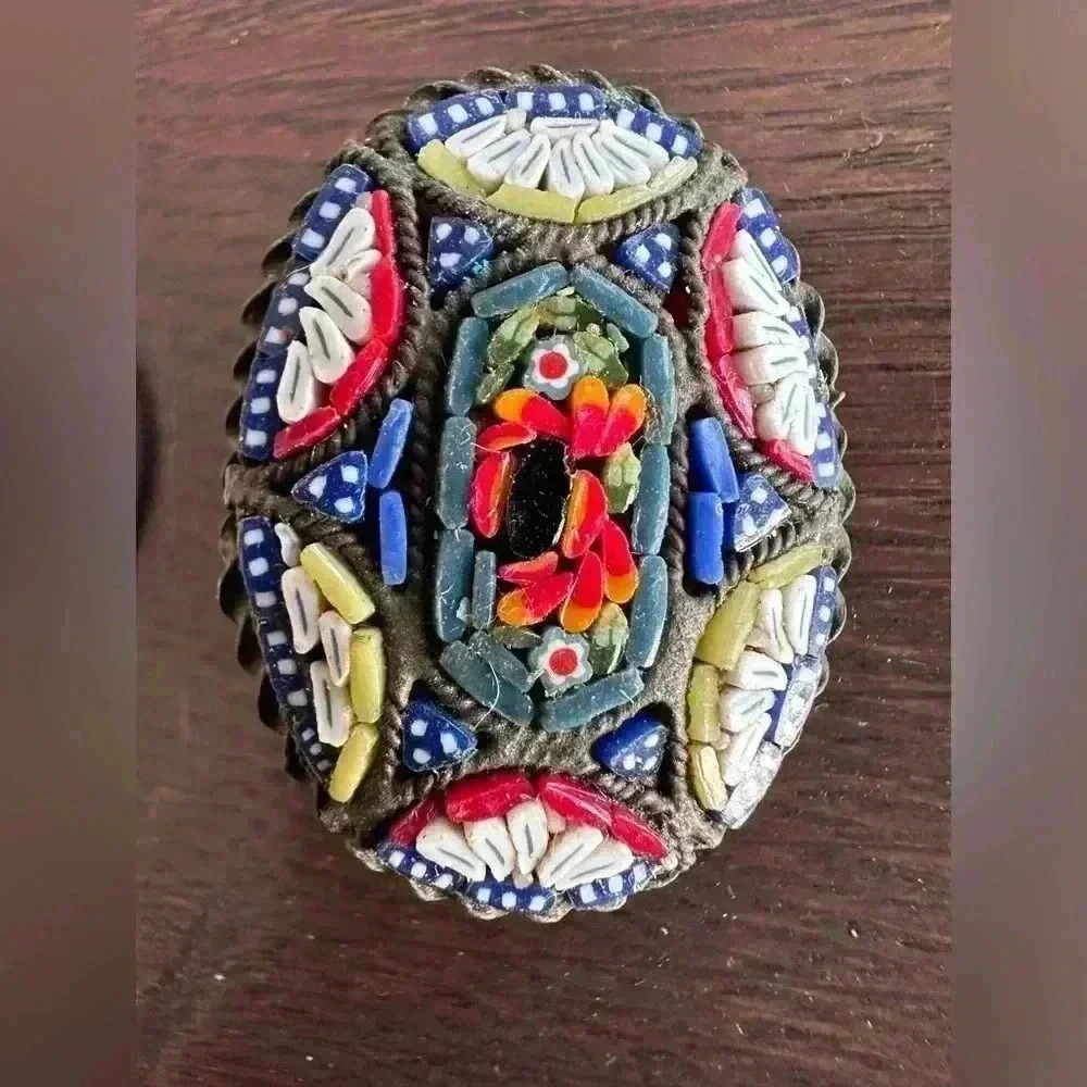 Antique Multi Colored Micro Mosaic Glass Flower Brooch Pin